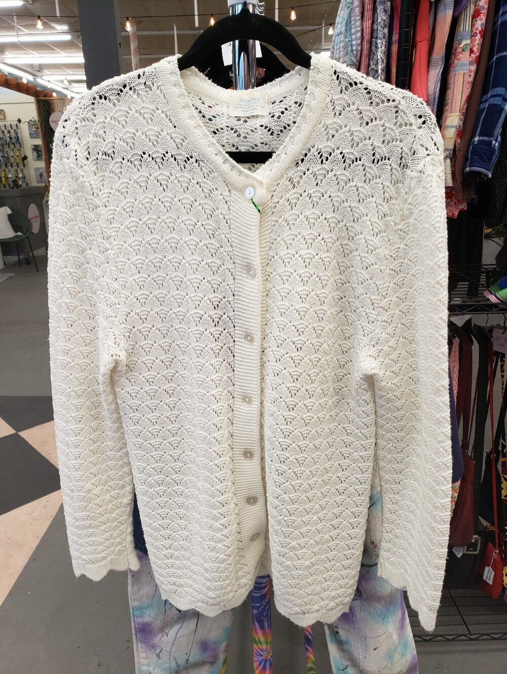Vintage 1960s 1970s Ivory Cardigan Knit Crochet